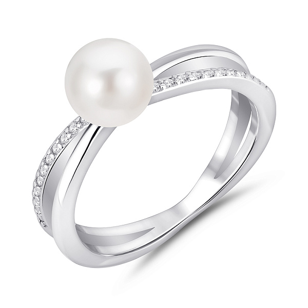 Серебряное кольцо с жемчугом и дорожкой из фианитов (арт. 7501/8206жб) – изображение 1