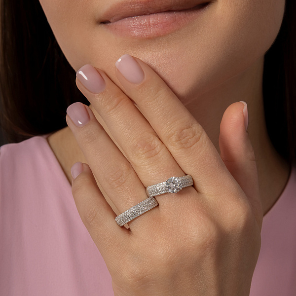 Серебряное двойное кольцо с фианитами и крупным камнем (арт. 7501/8527) – изображение 2