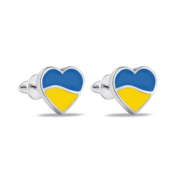 Срібні сережки-пусети Серце з прапором України (арт. 7518/0795егжсю) – зображення 1