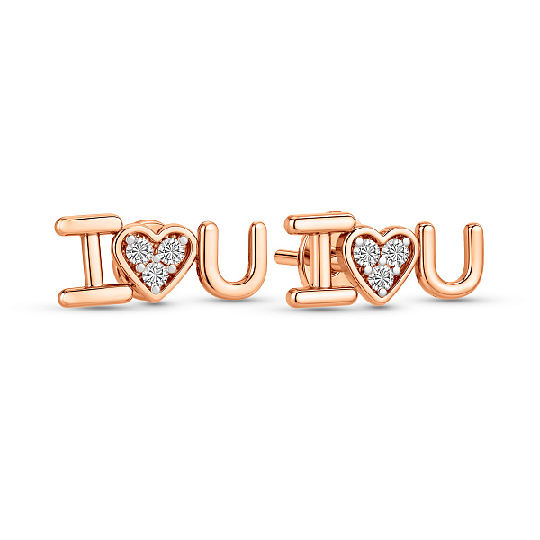 Серьги-пусеты из красного золота I Love You c фианитами (арт. 111083) – изображение 1