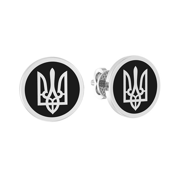 Серьги-пусеты из белого золота Герб Украины-Трезубец с эмалью (арт. 111203беч) – изображение 1
