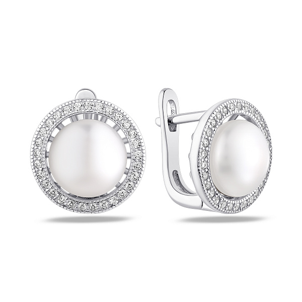 Срібні сережки з перлиною та фіанітами (арт. 7502/10421жб) – зображення 1