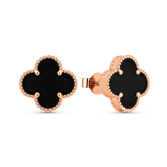 Фото Золотые серьги-пусеты Клевер с ониксом (арт. 1101203/10о)