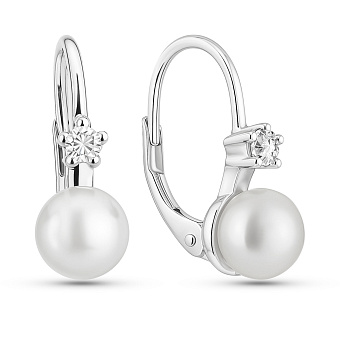 Фото Серебряные серьги с жемчугом и фианитами (арт. 7502/10040жб)
